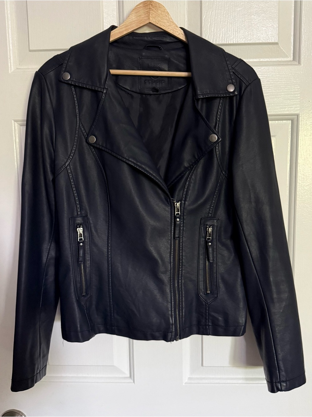 Max Studio Faux Leather Moto Jacket M Dark Navy Biker Motorcycle